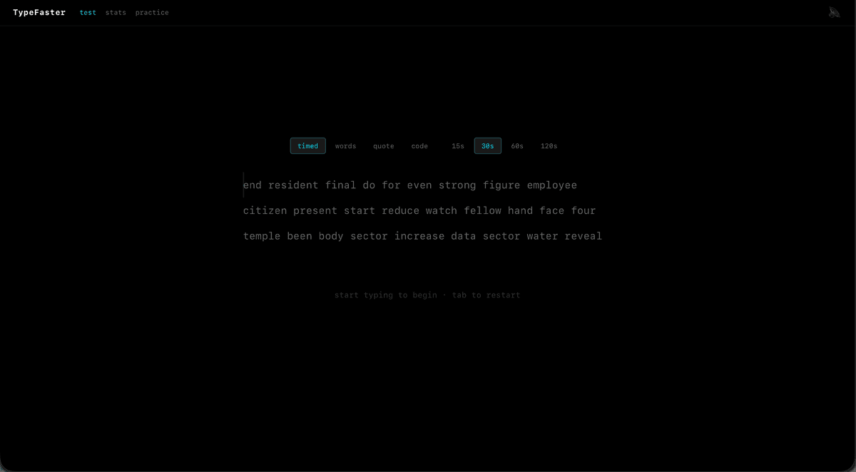 TypeFaster typing test platform showing real-time WPM tracking