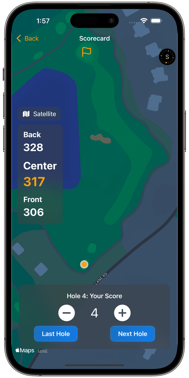 SimplifyGolf App Screenshot showing scorecard and map interface