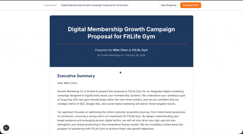 ProposalForge app demo showing multi-step proposal wizard